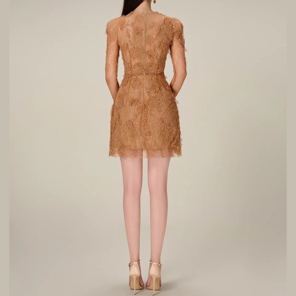 Women's Mini Dress Lace brown long sleeve - Cielie